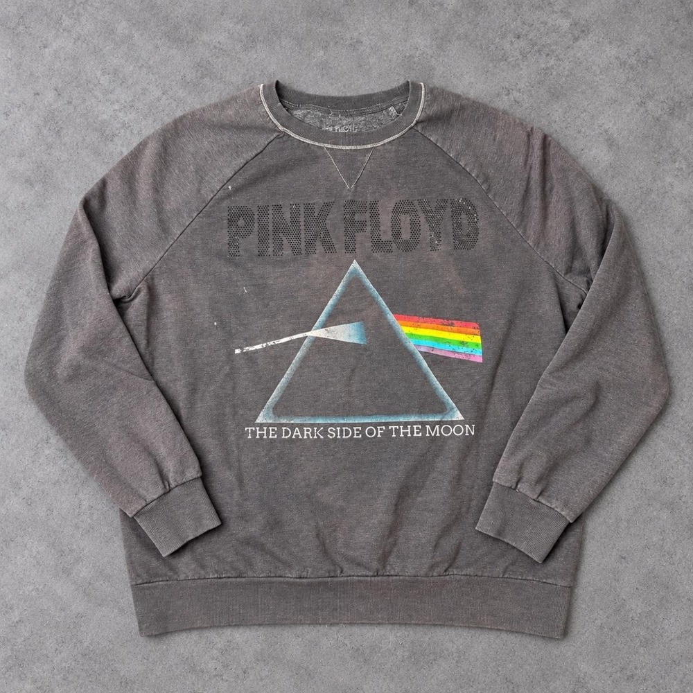Pink Floyd Dark Side of the Moon Distressed Sweatshirt Gray Rhinestone Graphic